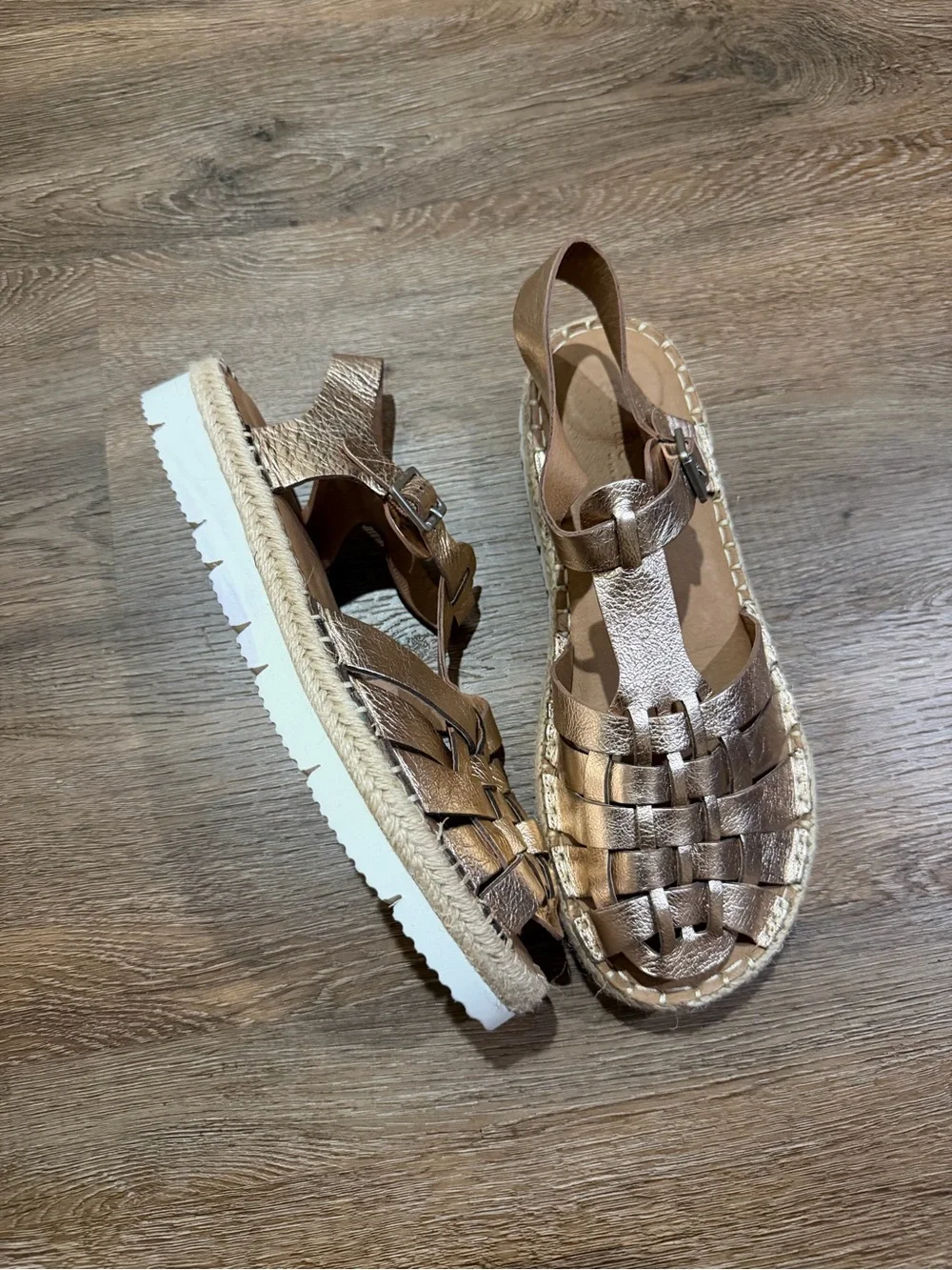 Gentle Souls Lizzy Eva Basket T-Strap Leather Espadrille Sandals 9.5 Rose Gold
